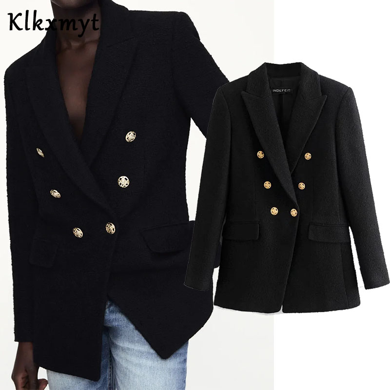 

Klkxmyt Za Blazer Women 2021 Fashion Metal Double Breasted Woollen Blazers Coat Vintage Long Sleeve Female Outerwear Chic Tops, Picture color