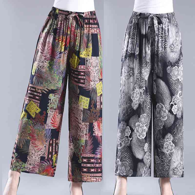 

Boho Summer Women's Ice Silk Wide Leg Pants Plus Size Casual Loose Print Culottes Elastic Waist Ankle-Length Trousers 210603, Color striped