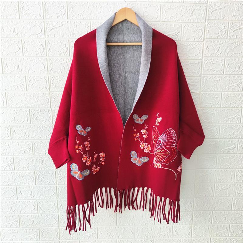 

Scarves Embroidered Cashmere Scarf With Sleeves Shawl Cape Knitted Tassel Bat Shirt Coat For Ladies Bufanda, Blue;gray