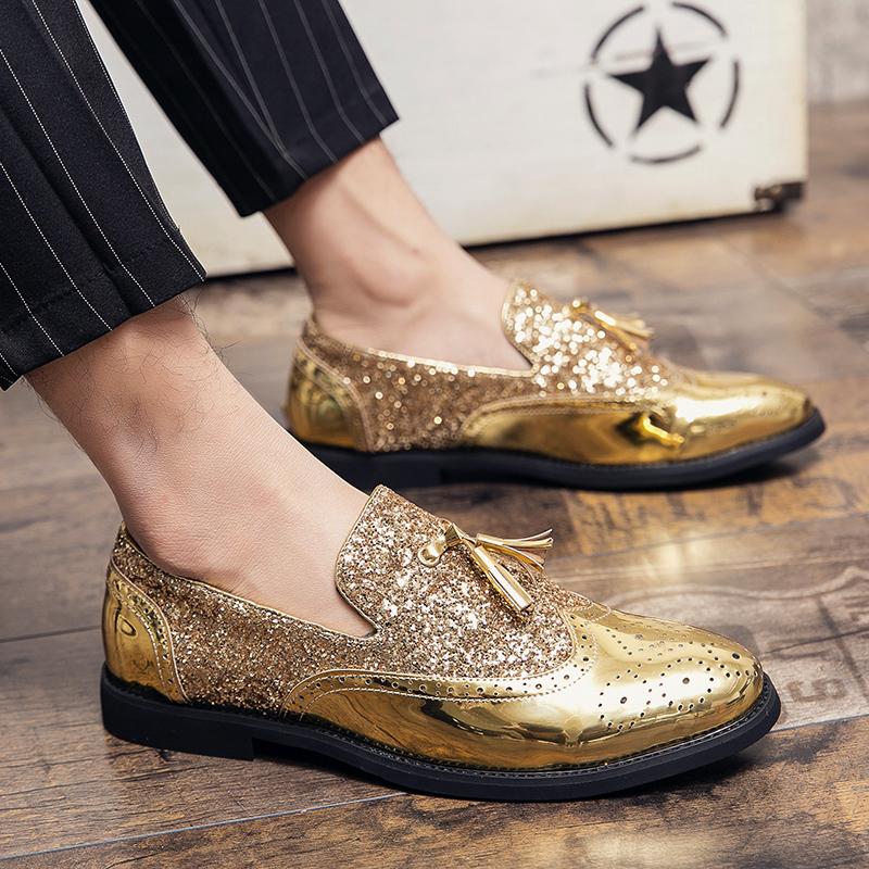 

Spring Design Men's Dress Shoes Shiny Gold PU Leather Loafers Tassels Formal Sequin Brogue Shoes Plus Size 48 New, Black loafers