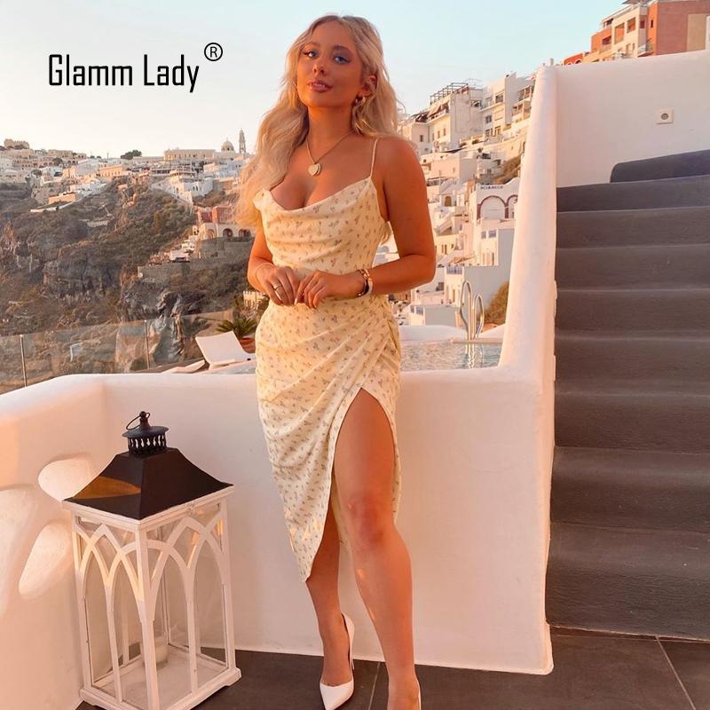 

Casual Dresses Glamm Lady Print Wrap Party Women Bodycon Midi Sexy Dress Elegant Strapless Summer Autumn Vestidos 2021, Yellow