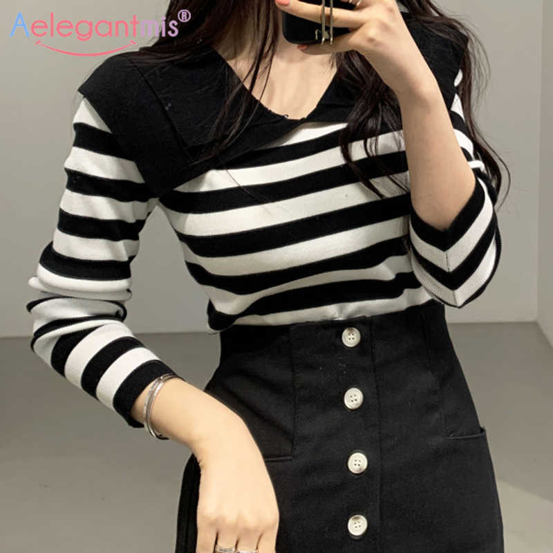 

Aelegantmis Vintage Striped Knitted Pullovers Women Turn Down Collar Loose Casual Sweater Female Korean Chic Jumpers Spring 210607, Black