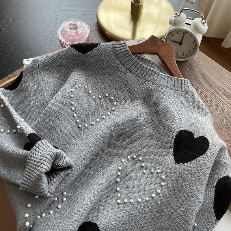 

Women's Sweaters 2021 Winter Han Edition Version Round Collar Pearl Loose Peach Heart Big Sweater Lady's Render Long-sleeved, White;black