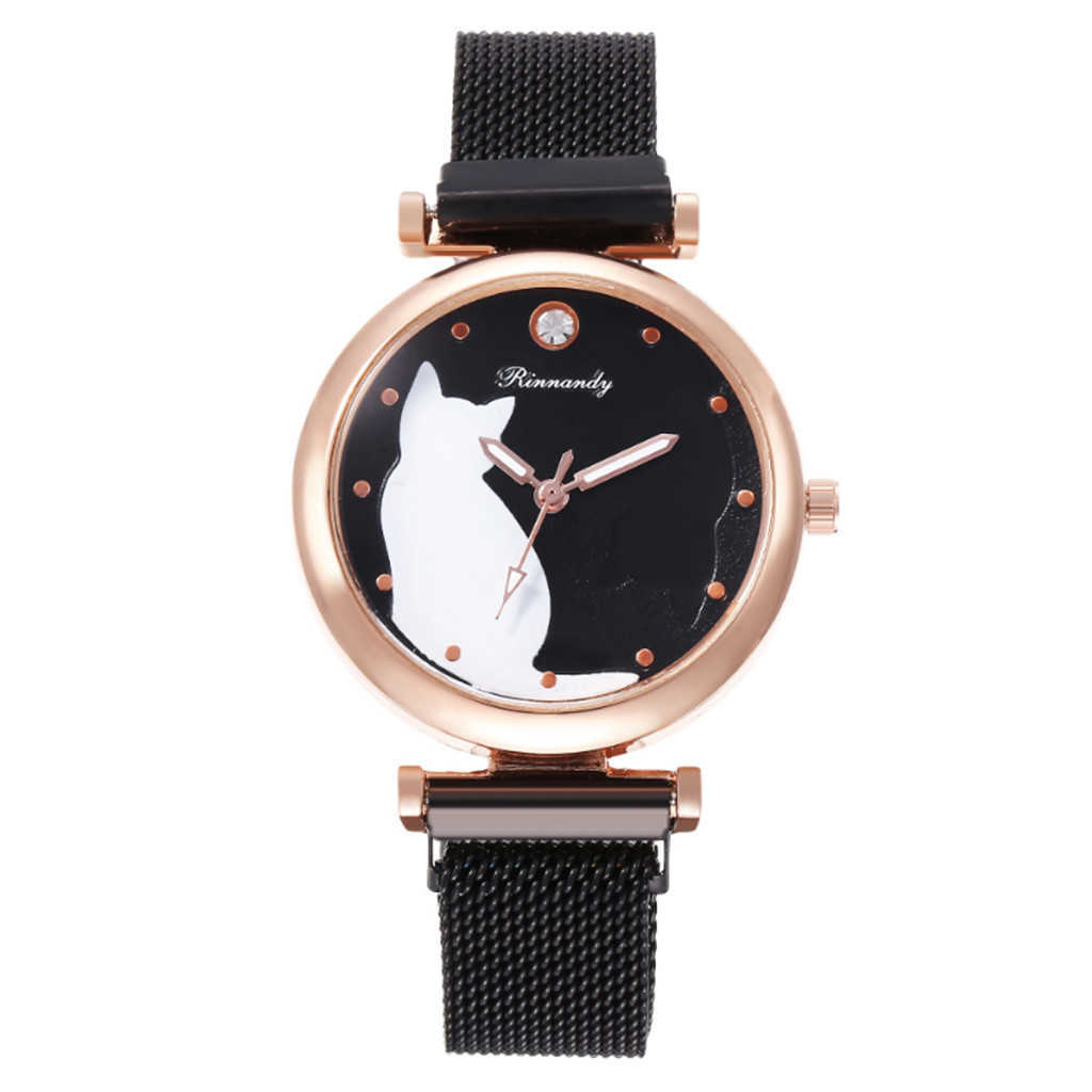 

Luxury Black/Red/Orange Stainless Steel Mesh Women Dress Watches Wristwatch Cat Bracelet Watch Female Round Clock Quartz Watches H1012, Brown