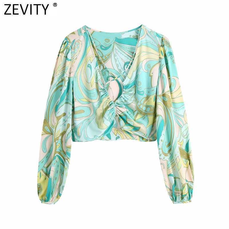 

Zevity Women Vintage Totem Floral Print Short Shirt Lady V Neck Front Hole Pleats Blouse Roupas Chic Slim Crop Blusa Tops LS9399 210603, Qun795bb