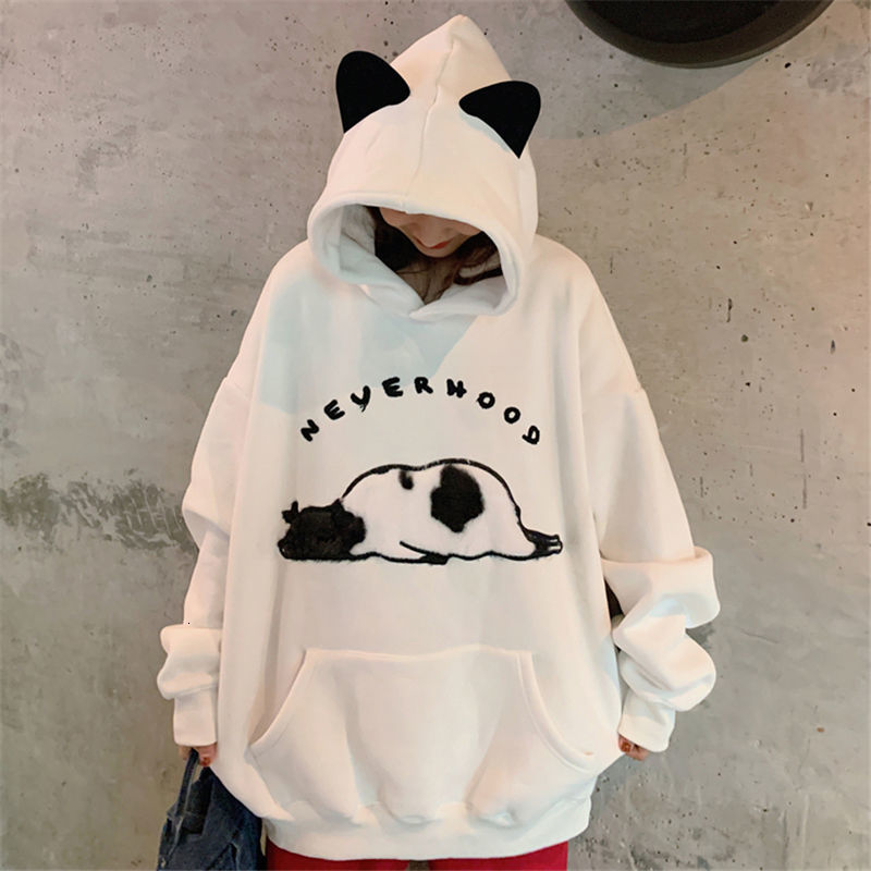 

2021 New Deeptown Coreano Moletom Inverno Moda Vaca Bordado Hoodies Manga Longa Topos Kawaii Solto Casual Pulver Feminino 0moh, White