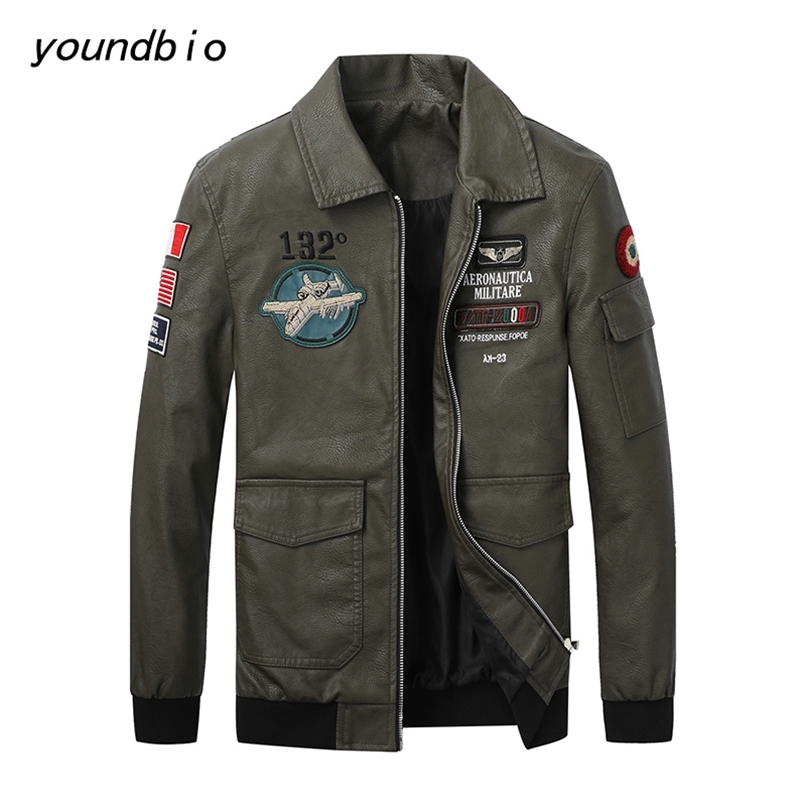 

Pu Leather Jacket Men Motorcyclist Casual Leahter Jackets Male Slim Fit Pilot Windbreaker Outwear Lapel Embroidered QZQ852 4XL 210923, Black