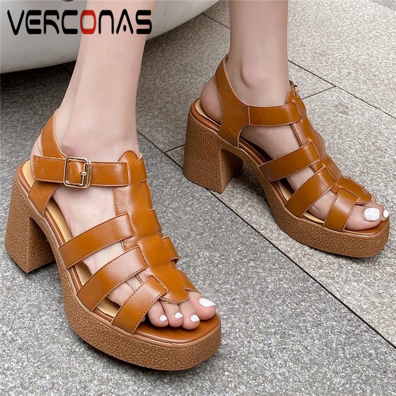

Dress Shoes VERCONAS Retro Women Gladiator Sandals Summer Platforms Thick Heels Genuine Leather Pumps Working Casual Woman Peep Toe, Brown