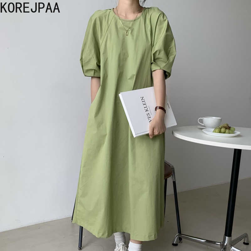 

Korejpaa Women Dress Summer Korean Chic Elegant Temperament Minimalist Round Neck Loose Solid Color Puff Seeve Vestidos 210526, Green
