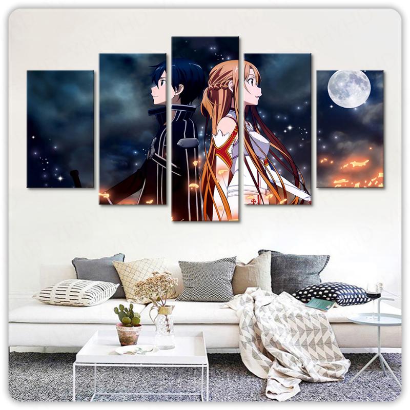 

Paintings Canvas Pictures Home Decoration 5 Panel Animation Sword Art Online Wall Prints Poster El Modular Living Room