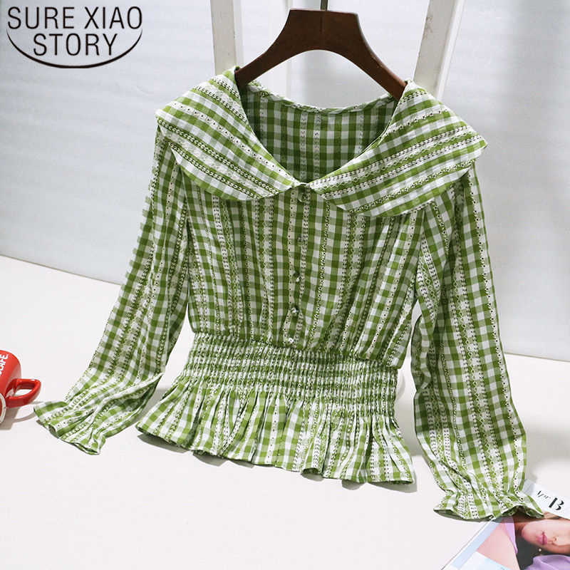 

Spring Sweet Hipster Plaid Doll Collar All-match Shirt Long Sleeve High Waist Slim Ruffles Upper Garment Women 8928 50 210527, Red