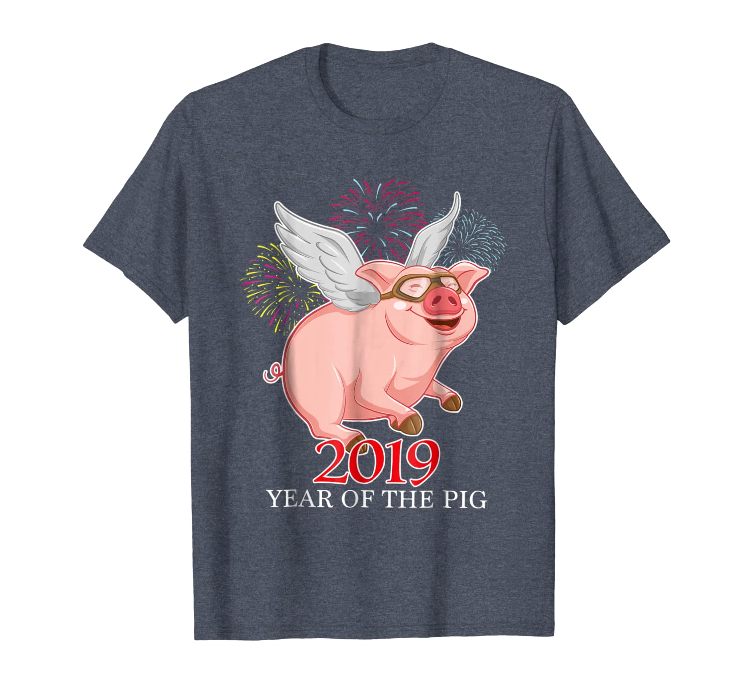 

2019 Year of the Pig Flying Happy Piggie Fireworks T Shirt, White;black