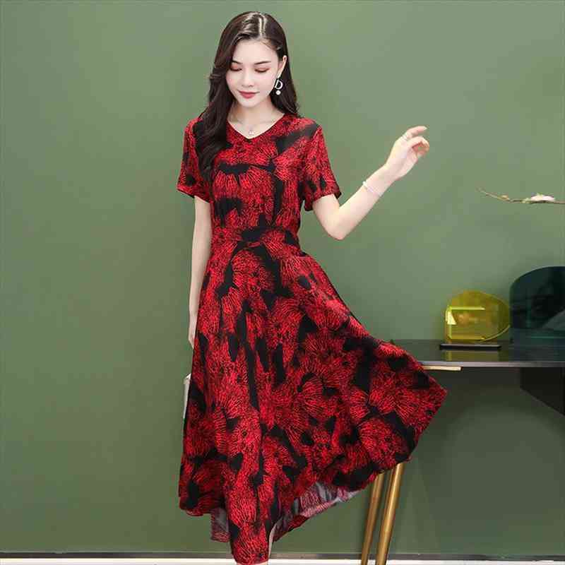 

women vintage dress slim women elegant sundress print short sleeve casual v-neck summer plus size 6xl loose dresses, Black;gray