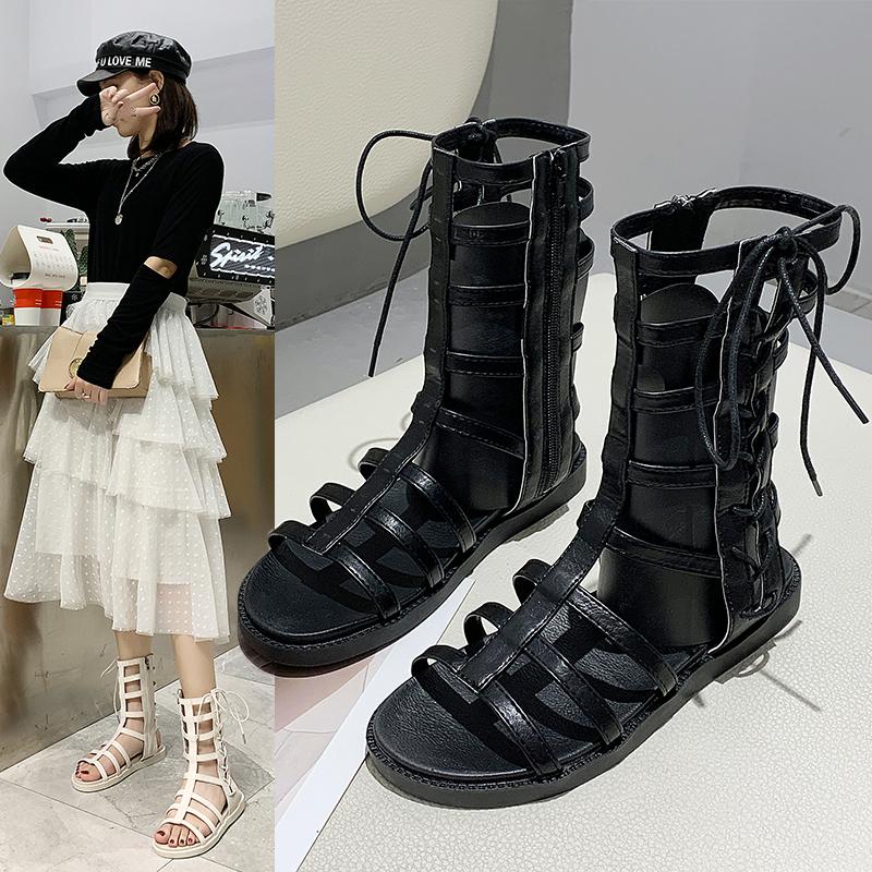

Cross Tied Sandals Women's Shoes Gladiator 2021 New Solid Summer Beach Roman Style Sandals Low Heel Zipper Black Brown Shoes