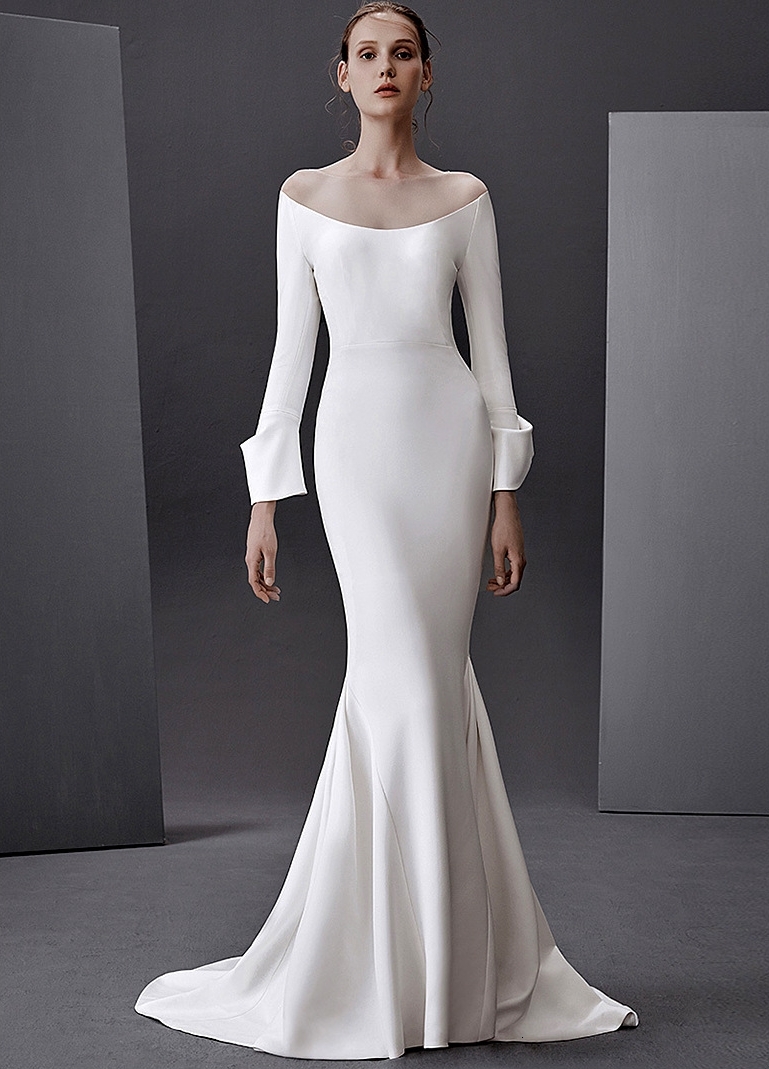 

2021 New Mermaid Es Satin Off the Shoulder Wedding Bridal Gowns Sweep Train Vintage Zipper with Buttons Back Vnl6, White