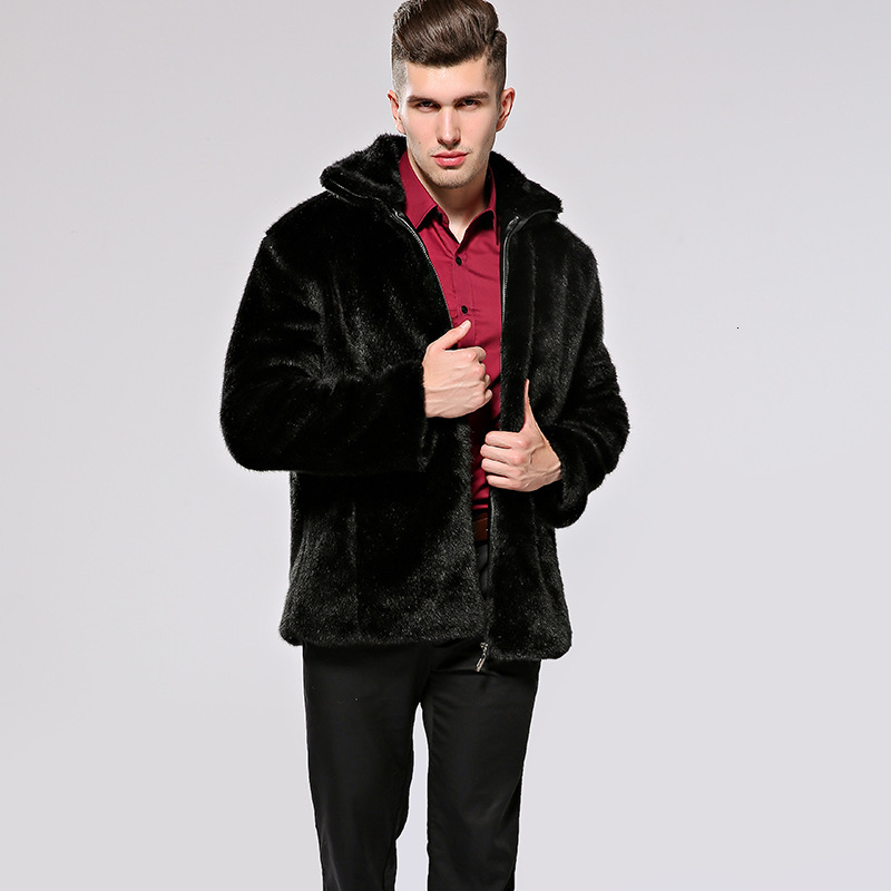 

2021 New Coat Fake Mink Fur Coats Men's Jackets Hooded Collar Black Faux Leather Jacket Jaqueta Couro Kj410 2zff