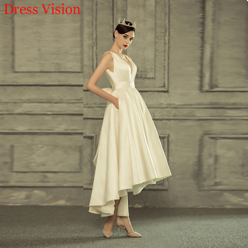 

2021 Satin Sexy Backless Wedding Es Vestidos Novia Marie Sleeveless High Low Robe De Soire Z4d9, Ivory