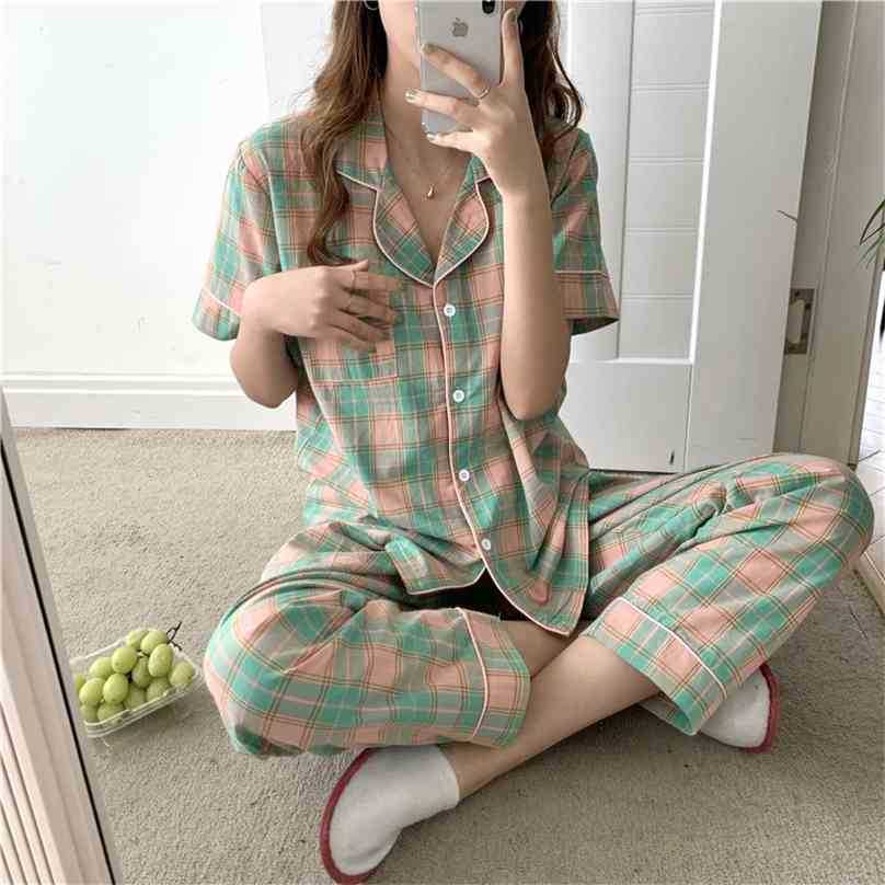 

Plaid Pajamas Nightwear Sleepwear Korean Cotton Femme Summer Home Chic Loose Vintage Retro Two Piece Suit Sets 210525, Photo color