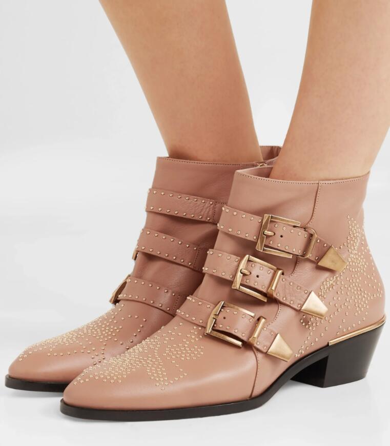 

Fall Winter Luxury Susanna Studded Buckle Ankle Boots women Martin Boot Genuine Leather Suede Designer Booties Chunky Heel Comba