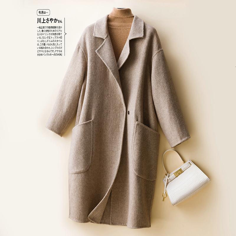 

2021 Ladies Autumn Winter Overcoat Women 100% Merino Wool Thick Cardigan Sleeve the New Fashion Long Warm Jacket Coats Vdxj, Beige