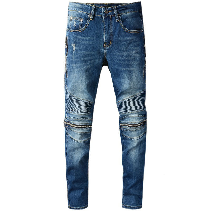 

2021 New Men's Male Trousers High Street Fashion Brand Punk Style Blue Distressed Zipper Jeans Trend Slim Slimming Denim Pants 4uab