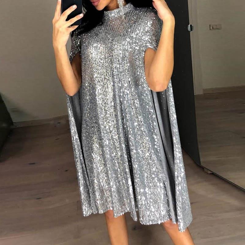 

Plus Size Xxl Sexy Party Sequin Glitter Dress Mock Neck Cape Design Sequins Cloak Sleeves Dresses, Gold