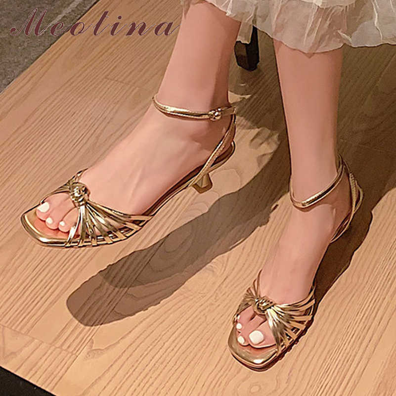 

Meotina Women Sandals Shoes Ankle Strap Med Heel Sandals Buckle Thin Heel Shoes Square Toe Ladies Footwear Summer Black 210608