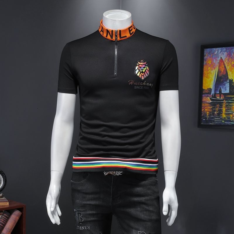 

New Stand Collar Raiow Stripe Shirt Short Sleeve 2021 Summer Embroidery Trendy Men Breathable Playera Polo Nbir, Black