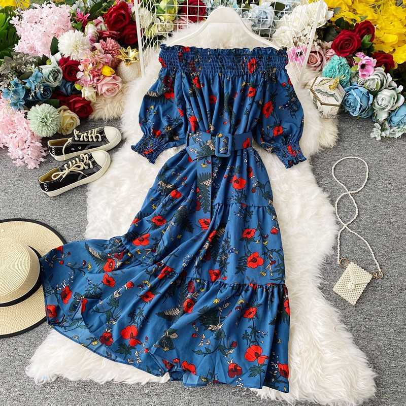 

Bohemian Summer Vacation Beach Women Floral Print Chiffon Dress Sexy Slash Neck Off Shoulder Blue/Red Dresse Female 2020 New Y0603