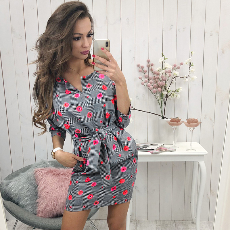 

2021 New Autumn Lace-up Waist Floral Printed Women Elegant Fashion Slim Mini Female 3/4 Sleeve Party Vestidos K965, Wd354bl