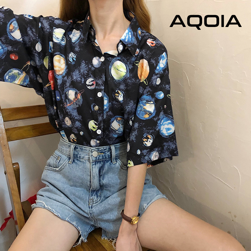 AQOIA Korean style Short Sleeve Turn Down Collar Women Blouses Button Up Space Priting Blouse Spring Summer Ladies Shirts 210225Z