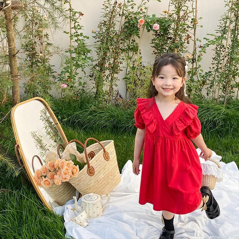 

Summer Solid Color V Neck Girl Dress Fashion Princess 1 7 Years Girls Cotton Falbala 3 Colors Party Dresses, Red;yellow