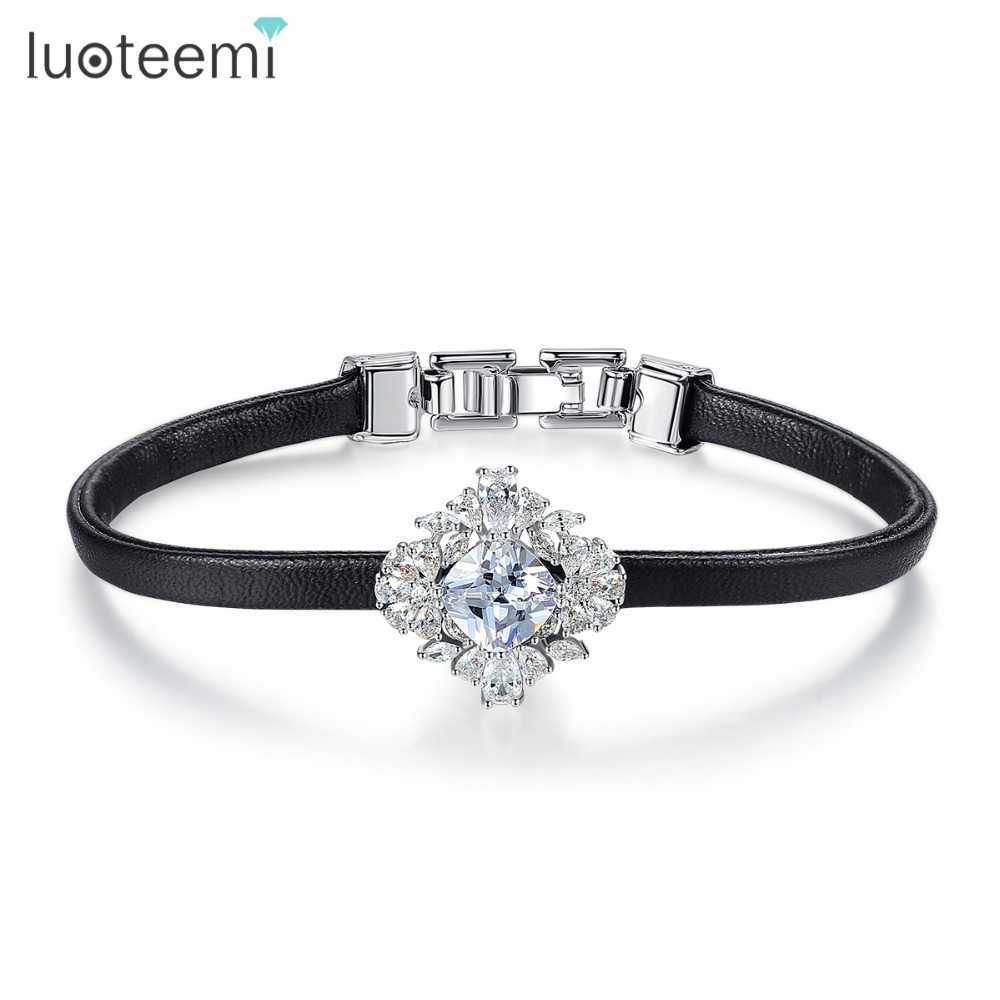

Luoteemi Brand Design Women Black Leather Bracelets for Party Wedding Paved Cz Simple Fashion Jewelry Bijoux Christmas Gift Q0719