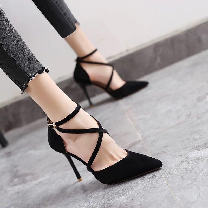 

Dress Shoes Women Heels High Women's 2021 Spring Button Red Girl's Heel Summer Chaussure Femme Zapatos Mujer, Black 1cm