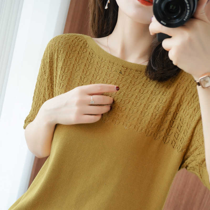 

hollow out knitted Sweater Women Pullover Summer Short Sleeve O-Neck Health Female Pullover Women Sweater Breathable Top 210604, Camel