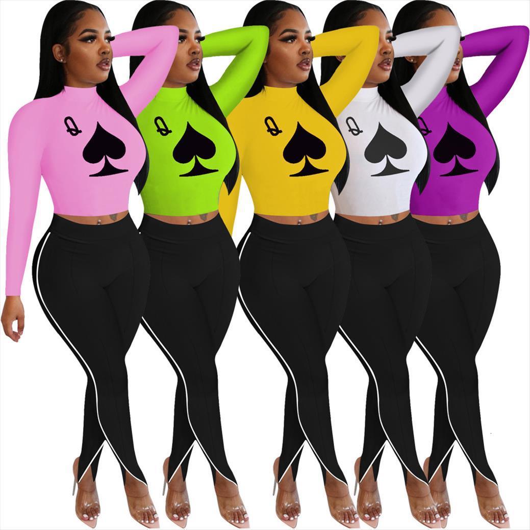 

summer suit solid color poker womens tracksuits spades q print long sleeves crop patchwork trousers two piece set ladies, Gray