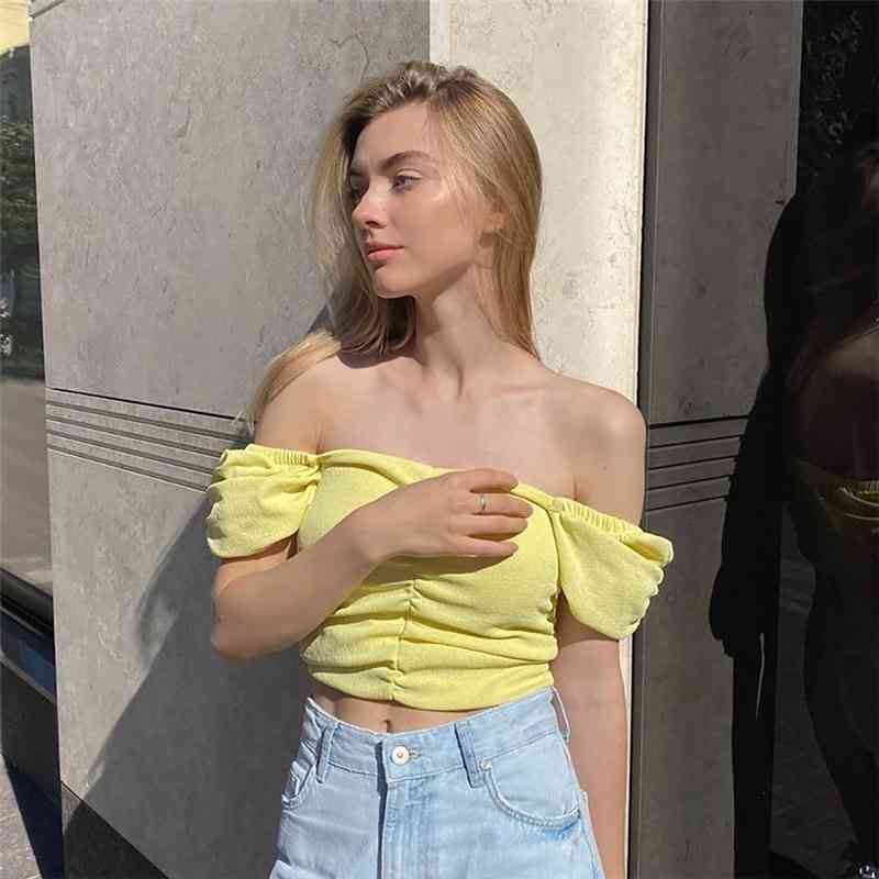 

summer fashion trend women' style bubble sleeve square collar open navel pleated slim fit T-shirt y2k shirt goth 210602, Yellow