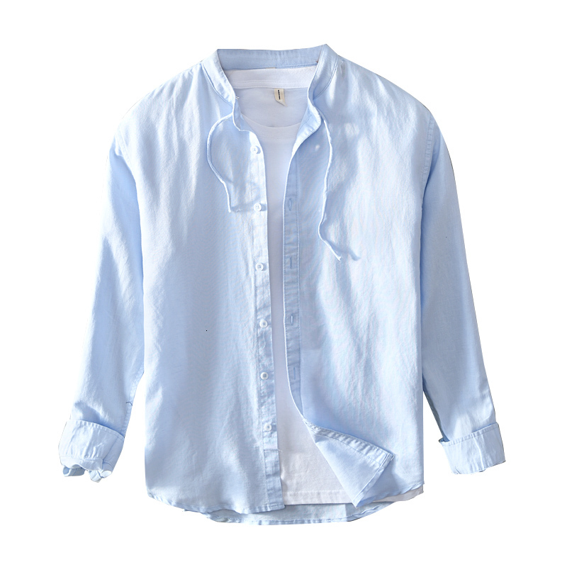 

2021 New Summer and Autumn Long-sleeved Linen Fashion Trendy Unique Shirts for Men Solid Comfortable Shirt Mens Chemise 40bk, Sky blue