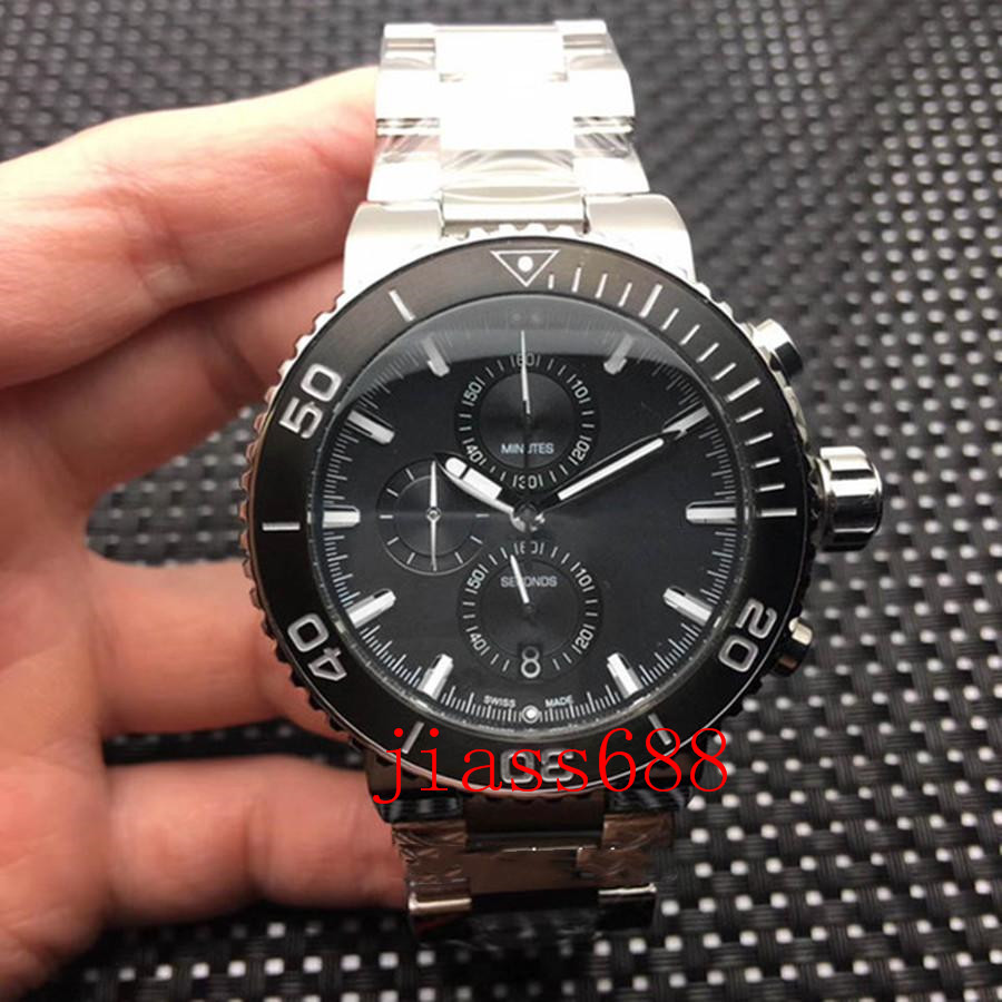 

2021 men's 46mm sports watch day quartz chronograph blue face steel, Slivery;brown