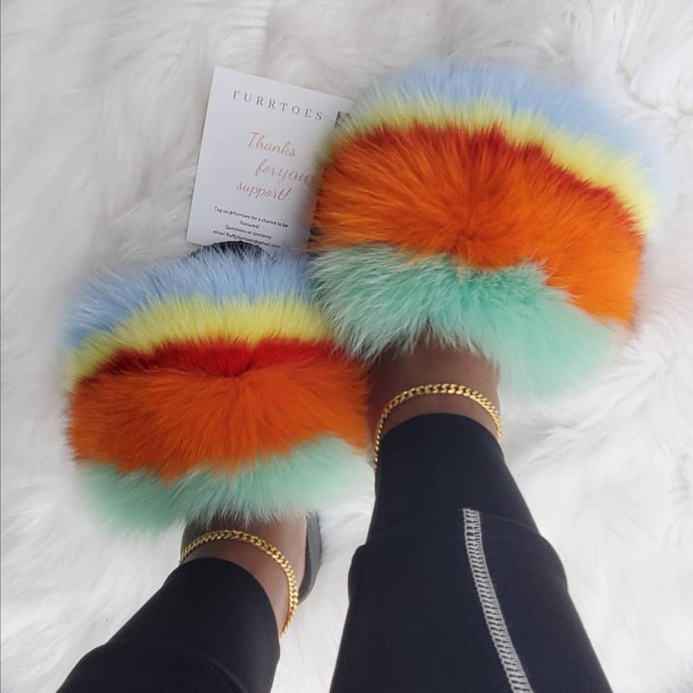 

VOTODA Women Slippers Summer Fashion Fur Sandals Fluffy Real Fox Flip Flops Ladies Home Flat Soft Non-slip Shoes, Mixed color h