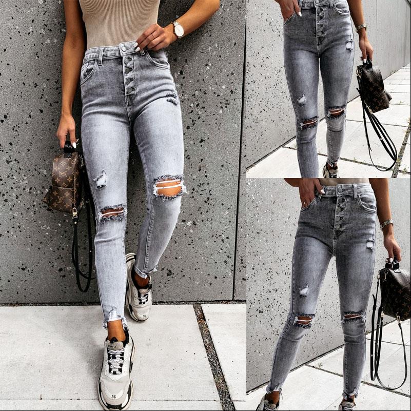 

button high waist pants ripped womens jean hole 4 season skinny pencil woman casual trousers, Blue