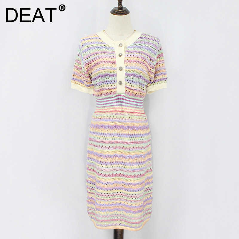 

DEAT Women Knitting Hollow Out Striped Dress Round Neck Short Sleeve Lady Temperament Fashion Spring Summer 11D1953 210709, Mixed color