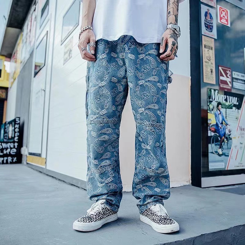 

2021 New 20ss Original Streetwear Jacquard Jeans Men Loose Casual Cargo Pocket Denim Trousers Harajuku Hip Hop Oversize Track Pants Wzy8, Blue