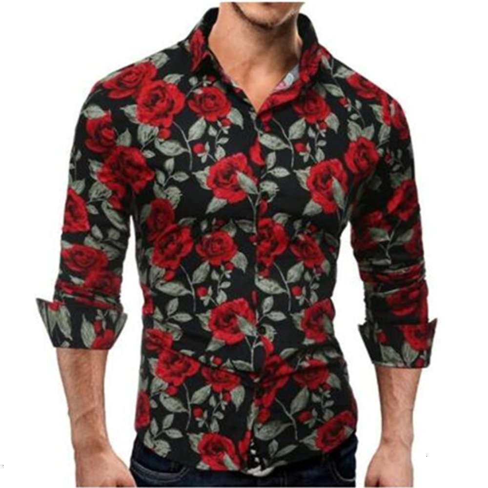 

2021 autumn new long sleeve men's Korean slim Floral print Lapel Shirt, White;black