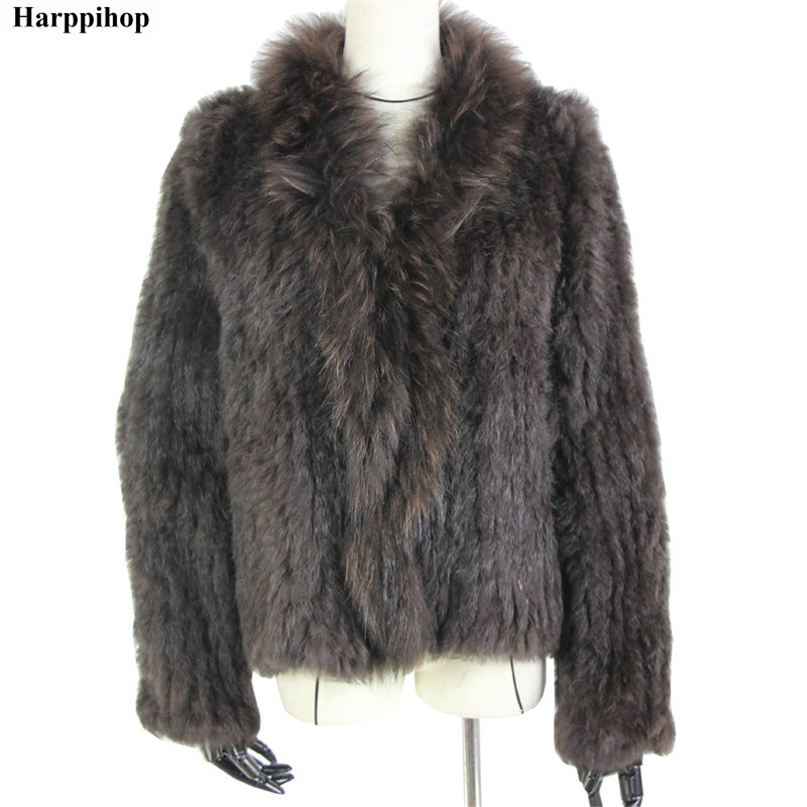 

Harppihop rabbit fur Genuine Knitted coat for Women Raccoon Fur collar Jacket Trench Outwear fashion street party jacketC918 211018, Wine