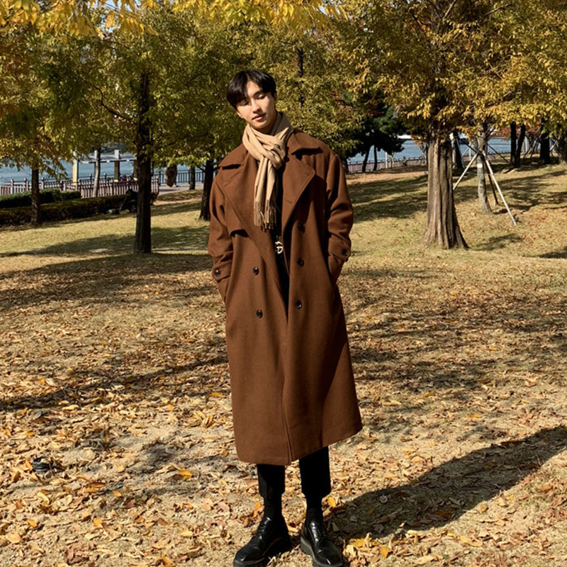 

Autumn Winter Woolen Coat Men's Korean Trend Medium Long Loose Long Coats Handsome Over Knee Woolen Coat With Belt, Black