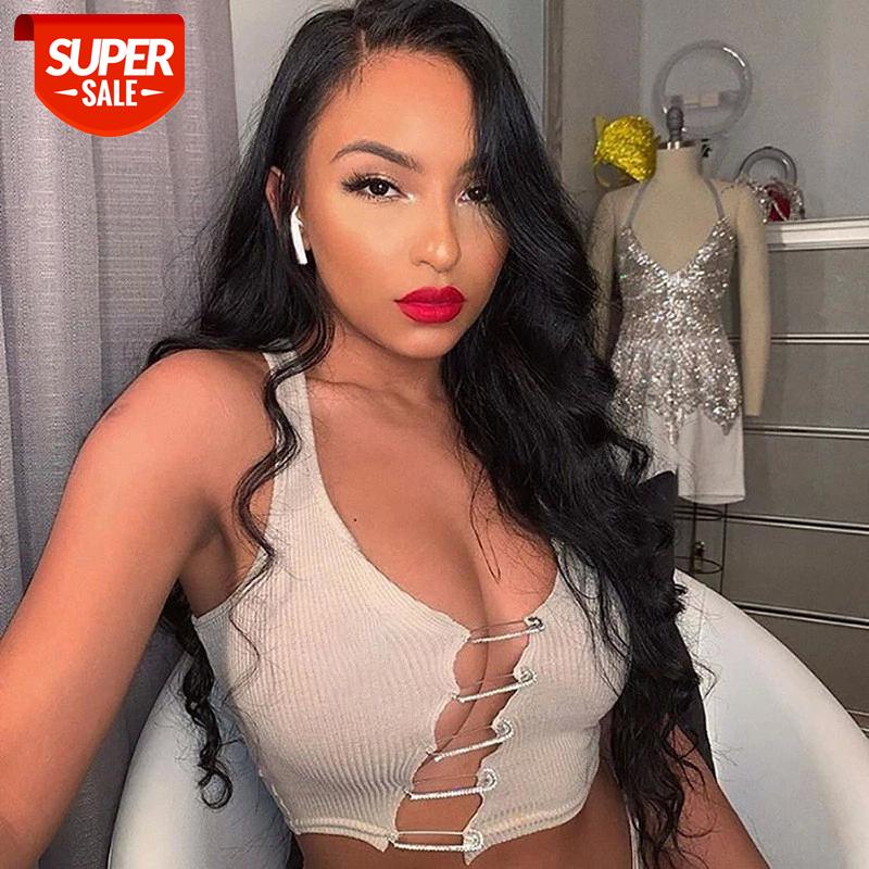 

hirigin Sexy Safety Pin Crop Tops Women 2020 Summer White Ribbed Bodycon Cropped Tank Top Woman Tshirts Club Wear #jh36