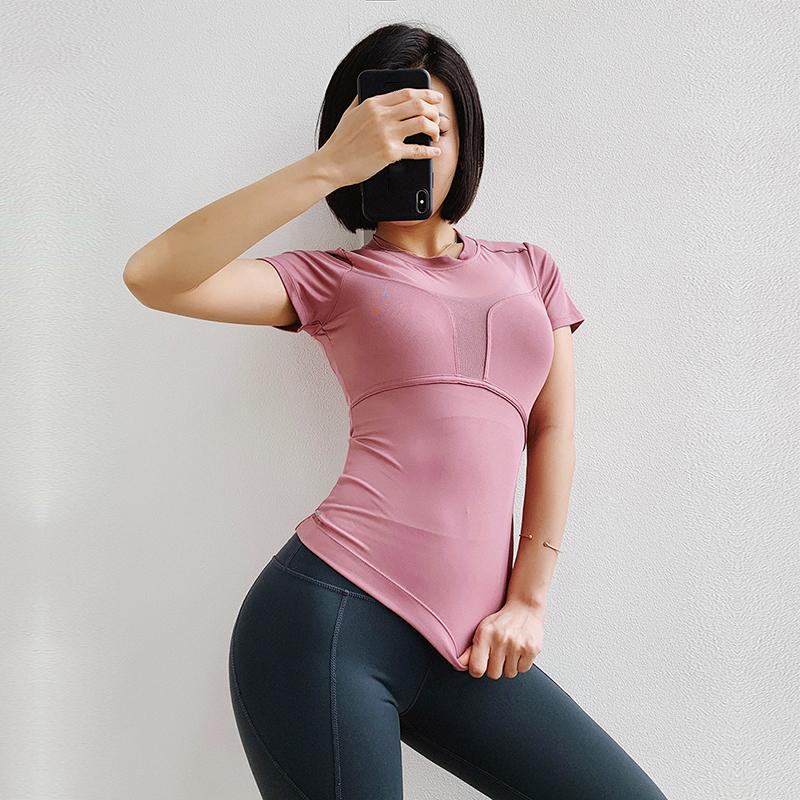

Top Sports Quick Drying Breathable Tight Yoga Top High Elasticity Slim Fit O-neck Short Sleeves Deporte Mujer Workout Clothes, Pink