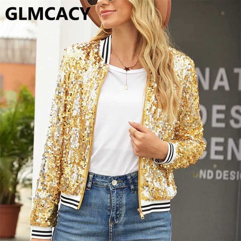 

Women Sequin Jackets Glitter Long Sleeve Coats Elegant Spring Outwear Office Ladies Solid Streetwear 211029, Gold
