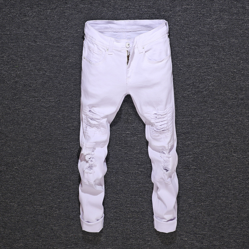 

2021 New Fashion Streetwear White Color Slim Fit Patchwork Ripped Men Destroyed Pencil Pants Vintage Designer Jeans Homme Y7vq
